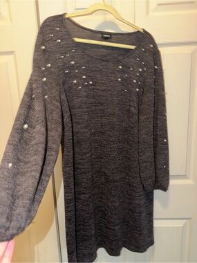 Tacera Charcoal Pearl-Accent Long Sleeve Sweater Dress